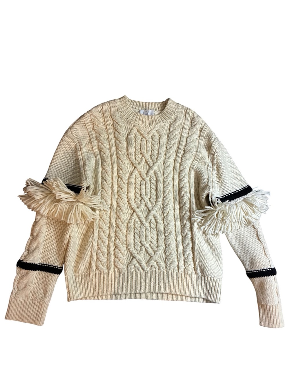 Pearl by Lela Rose cream Cable Knit Sweater with Fringe Sleeve Detail